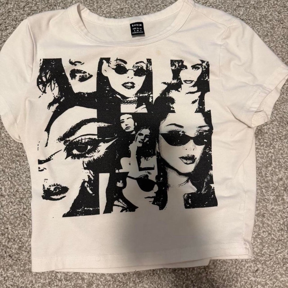 SHEIN White Short Sleeve Cropped Tee with Black Photo Collage